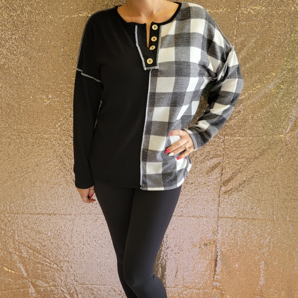 Plaid Half and Half Button Down Knit Top - Picture 8 of 9